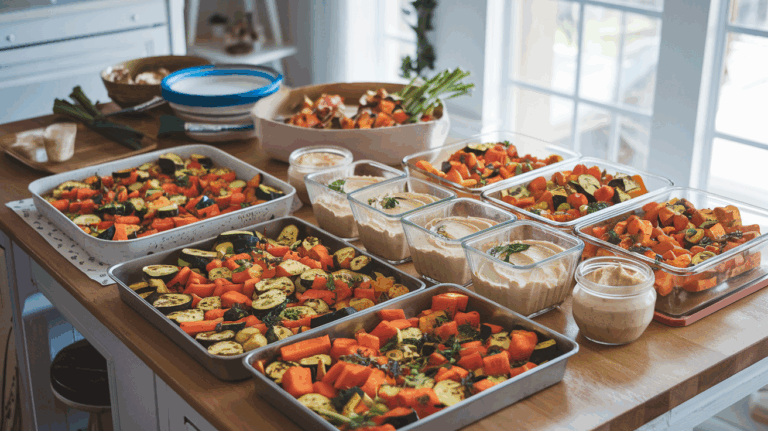 Ofengemüse mit Hummus – das perfekte Mealprep fürs gesunde Mittagessen